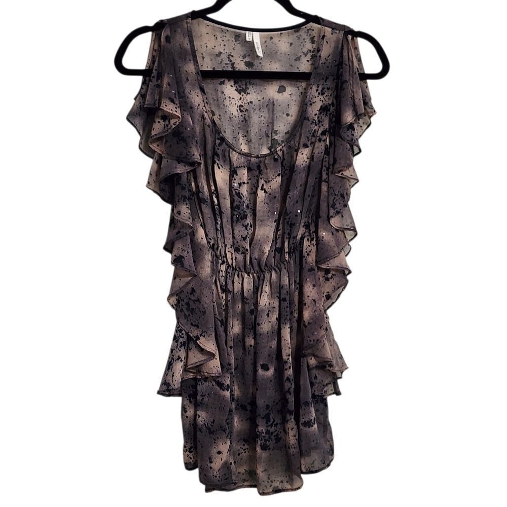 Studio Y Y2K Top M Graynavy Tan Sheer Ruffled Whimsigoth Fairy Grunge